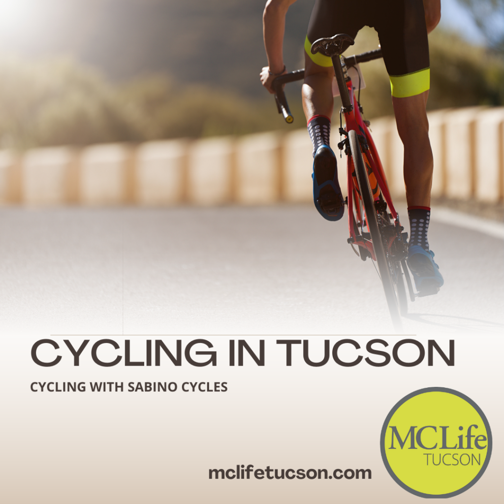 Image of lone cyclist riding on a road with lush dessert mountains in the background. 