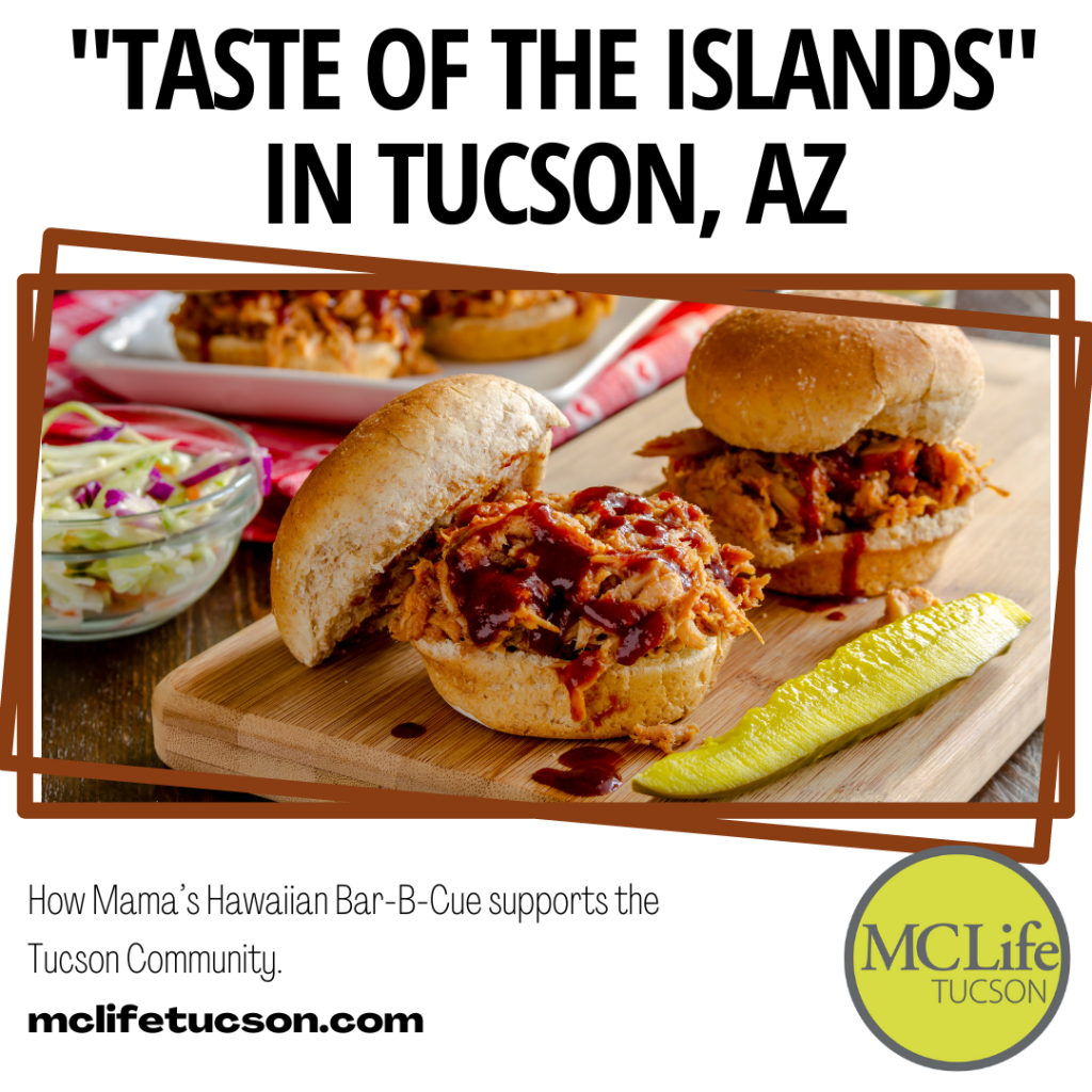 Image of barbecue sandwiches on a wooden platter with a pickle in front of it. The text reads "Taste of the Island in Tucson, AZ"