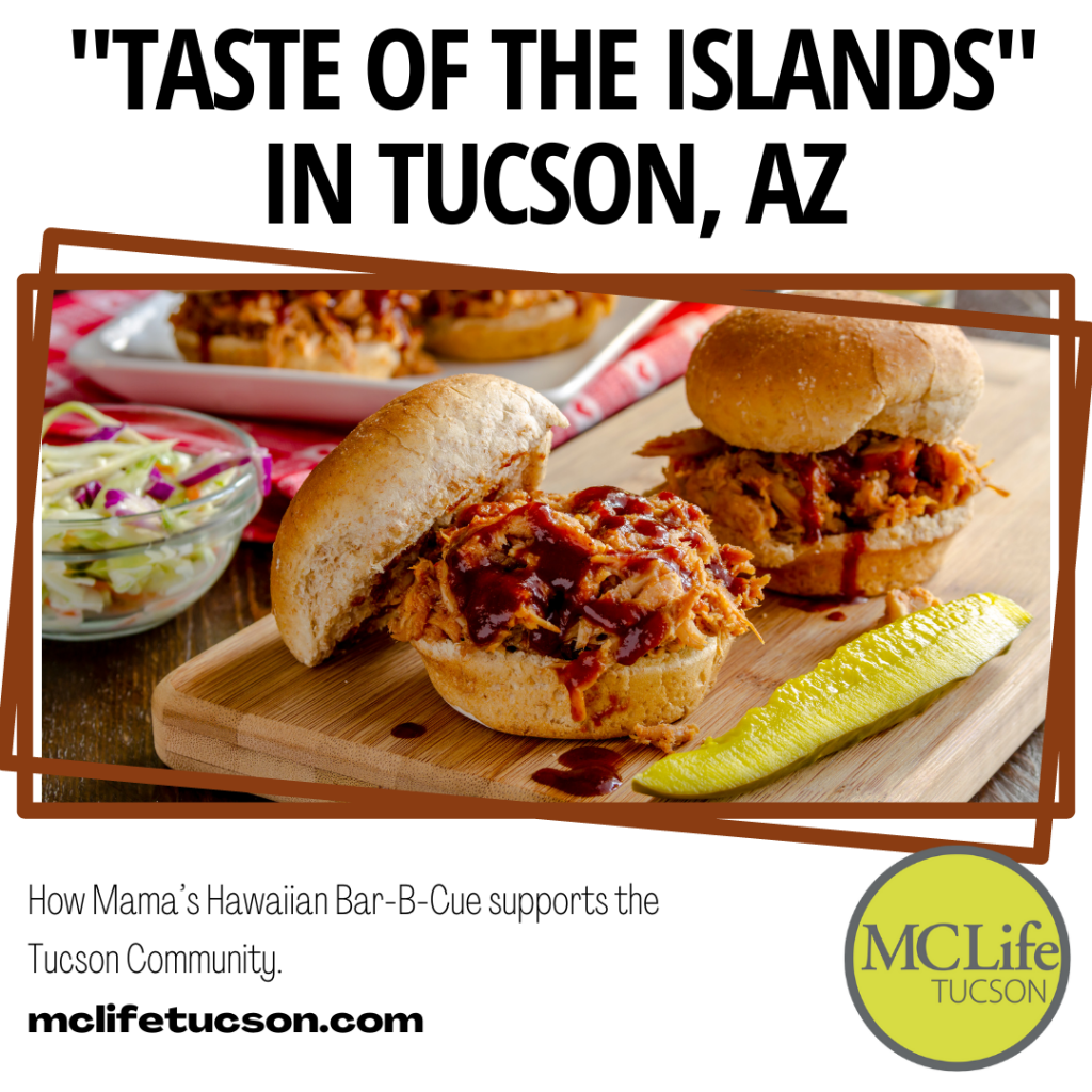 Image of barbecue sandwiches on a wooden platter with a pickle in front of it.  The text reads "Taste of the Island in Tucson, AZ"