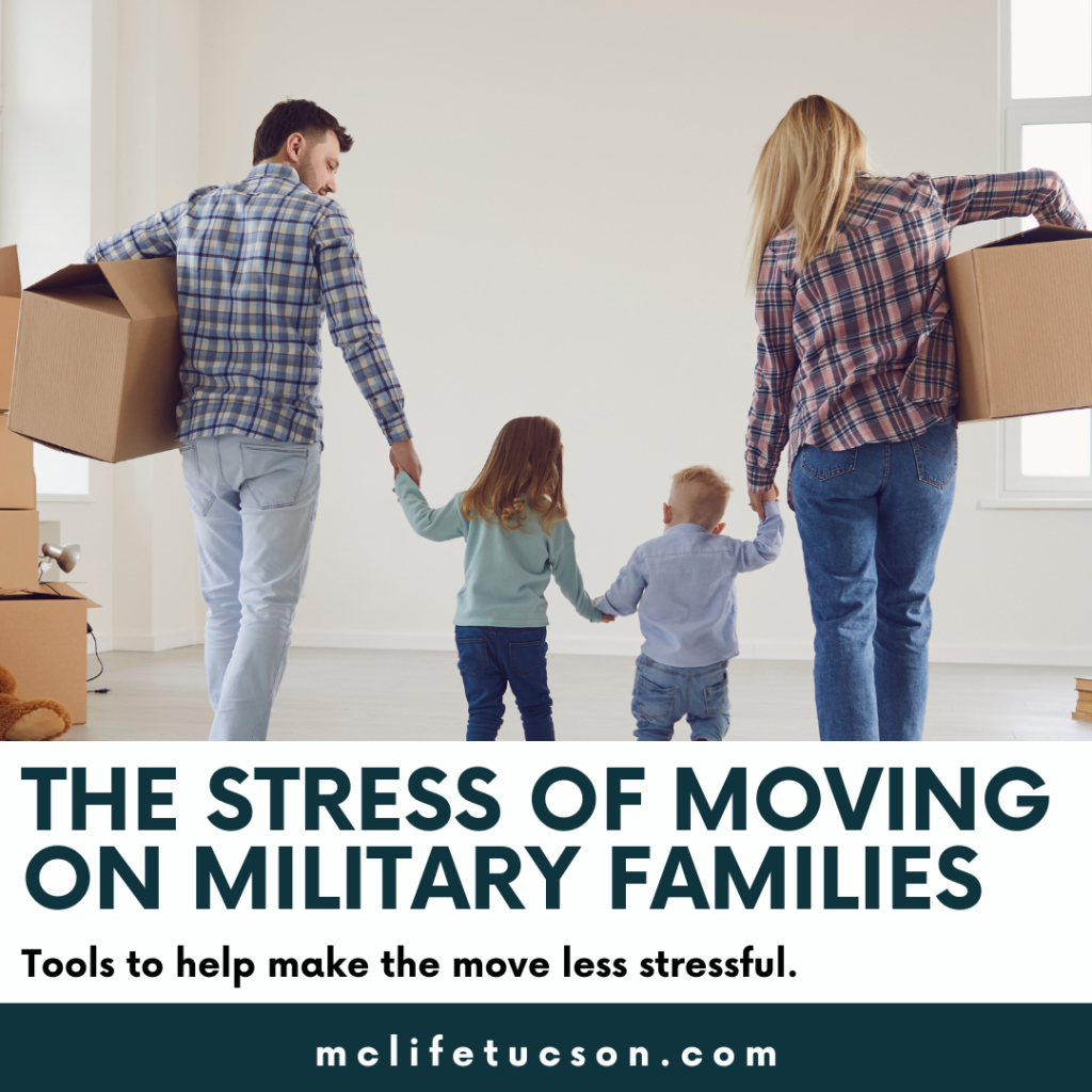 Image of family of four moving into new home.  The Mom and Dad are on holding hands with their daughter and son while holding moving boxes.  The room they are entering is painted white and not decorated. 