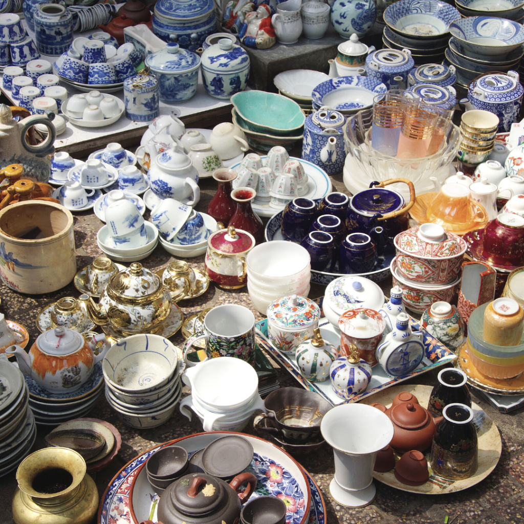 A vintage market with lots of china