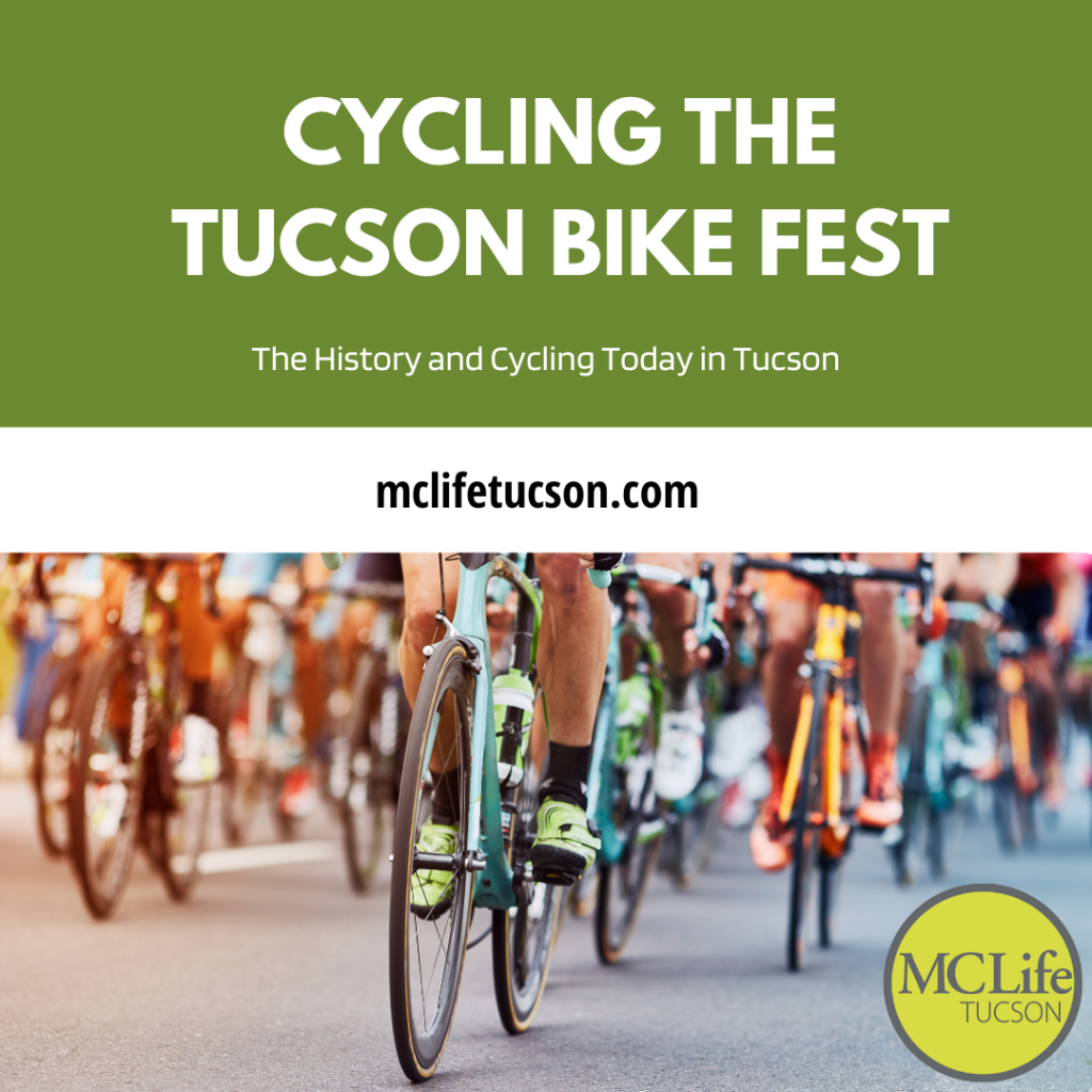 Close up Image of many cyclist riding bicycles in a race.  The text in the image is cycling the Tucson bike fest.  