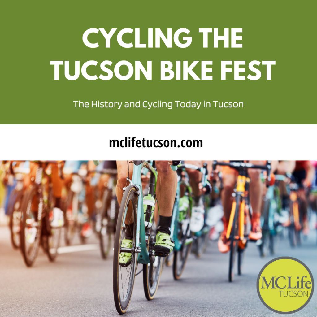 Close up Image of many cyclist riding bicycles in a race. The text in the image is cycling the Tucson bike fest.